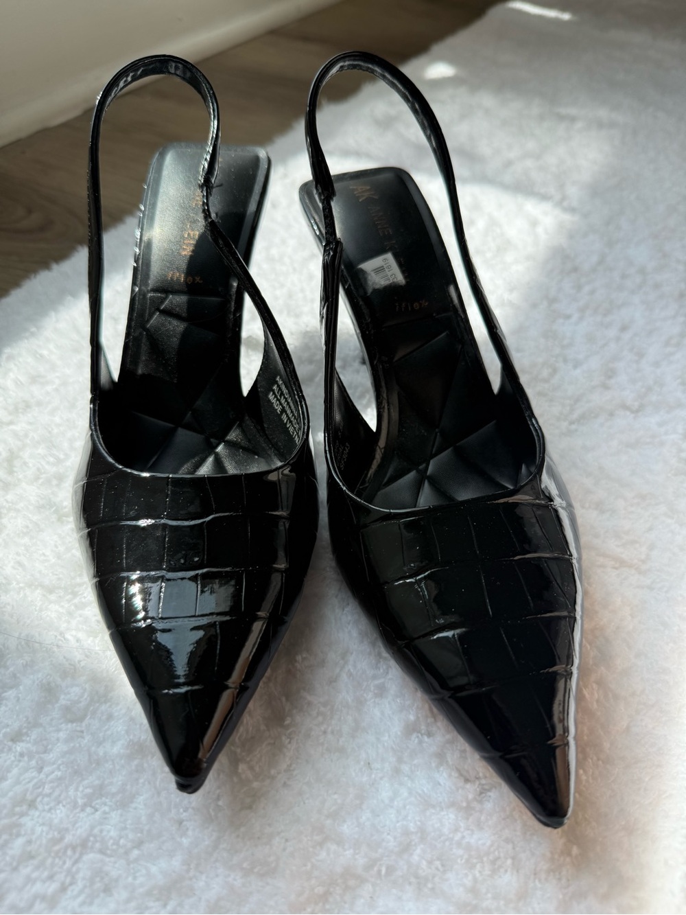 Anne Klein Black Patent Croc-Embossed Pointed Slingback Pumps